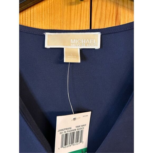Michael Kors Dress Navy Blue Short Sleeve V-Neck Size Large nwt Rushed Side/Slee - Picture 4 of 7